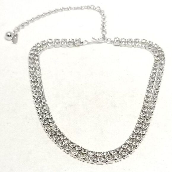 Vintage Duane Two Row Rhinestone Necklace, Silver Tone Adjustable Clasp, Signed - Picture 1 of 9